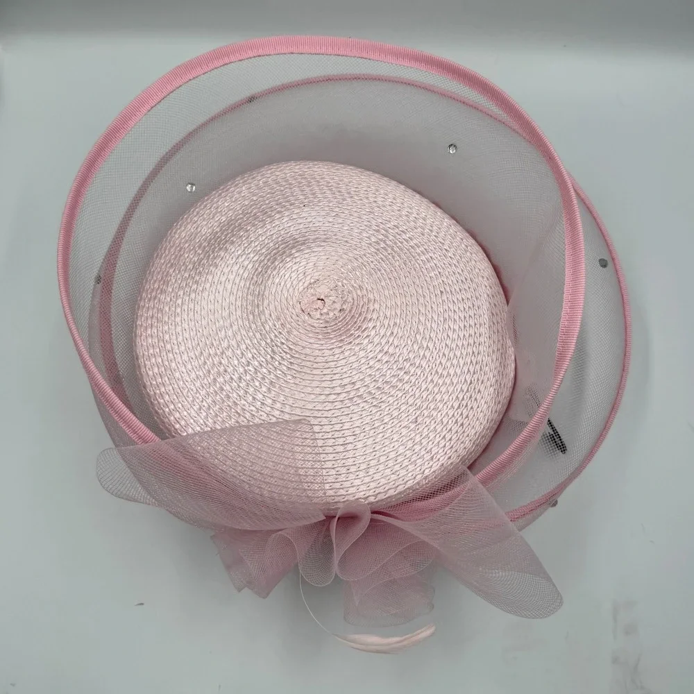 Pink Pillbox Fascinator Hat Mesh Tulle Flower Sequin Rhinestone Tea Party Hat